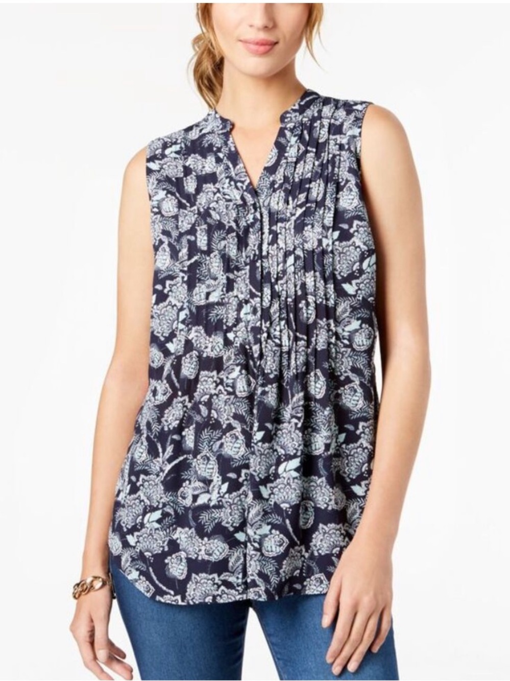 Charter Club Navy Floral Pintuck Sleeveless Top - Size 0X